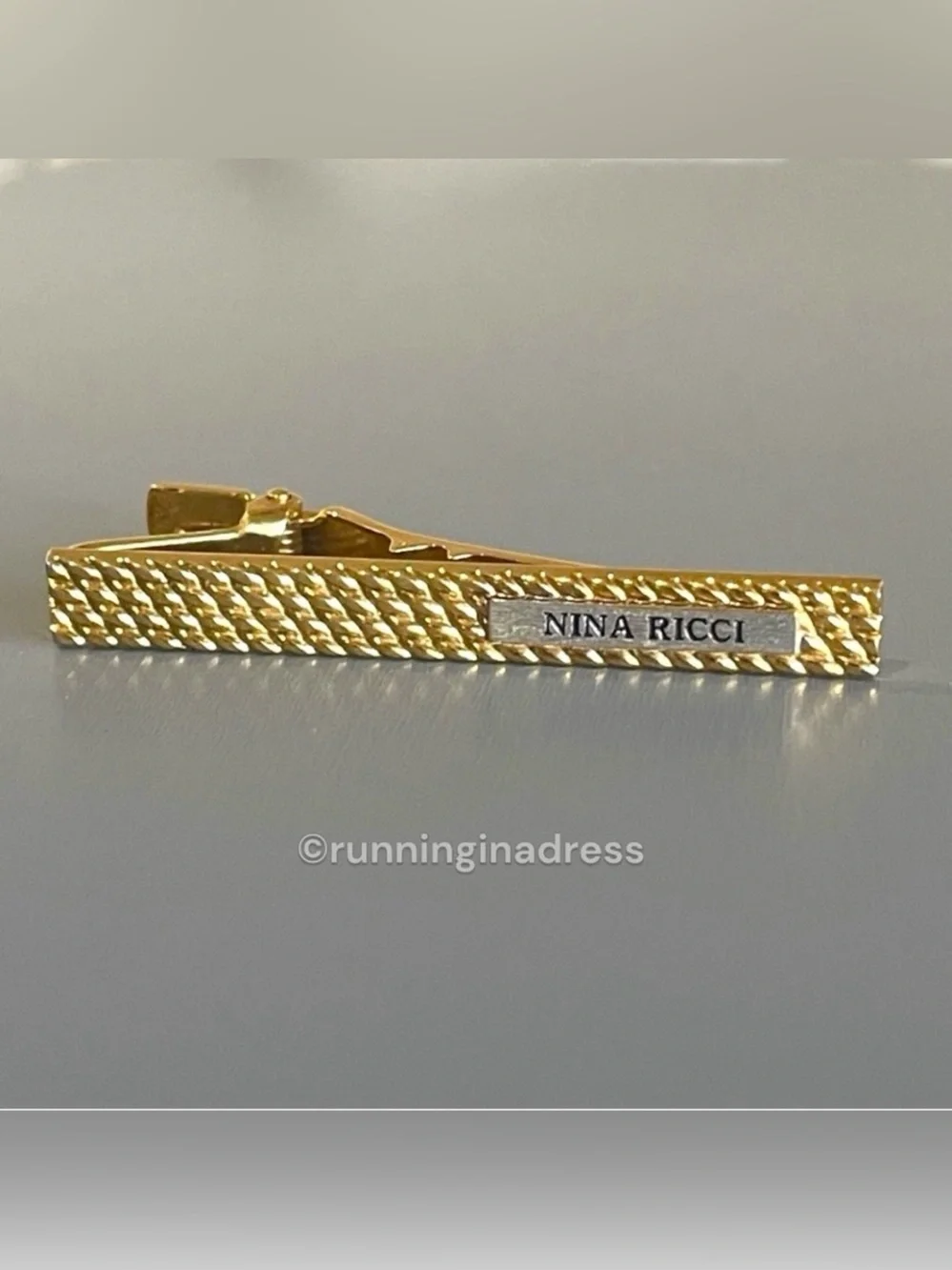VTG Nina Ricci Paris Crosshatch Gold & Silver Tie Clip Bar Germany 2.5